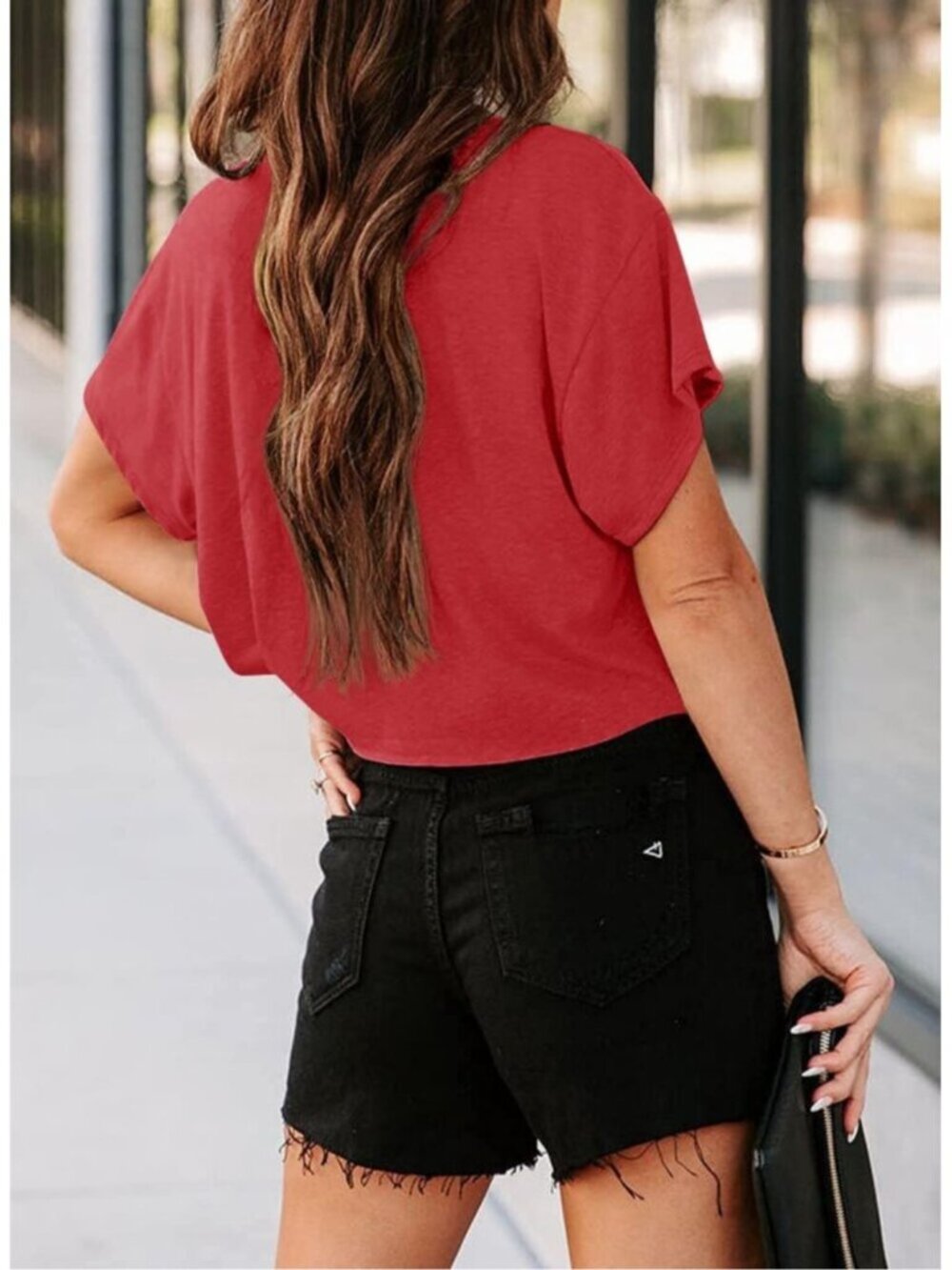 Women's Red Short Sleeve Crew Neck Loose Casual Drop Shoulder Crop Tops - Picture 3 of 4